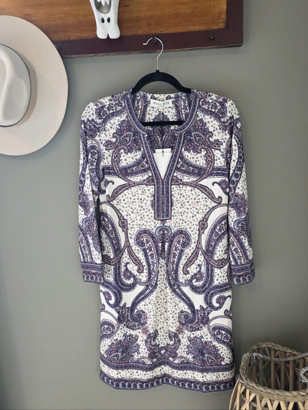 Hale Bob New Jersey Split Neck Tunic Paisley Beaded Dress Size Small Boho